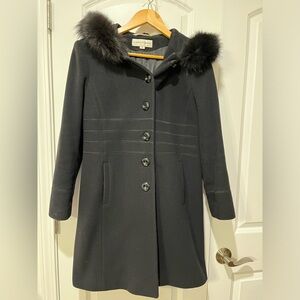 Albert Nipon Women wool long trench coat with fur lined hood